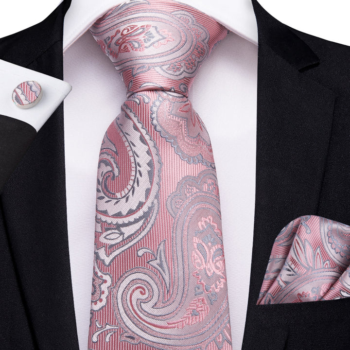 pink tie sliver grey floral tie mens silk tie hanky cufflinks set
