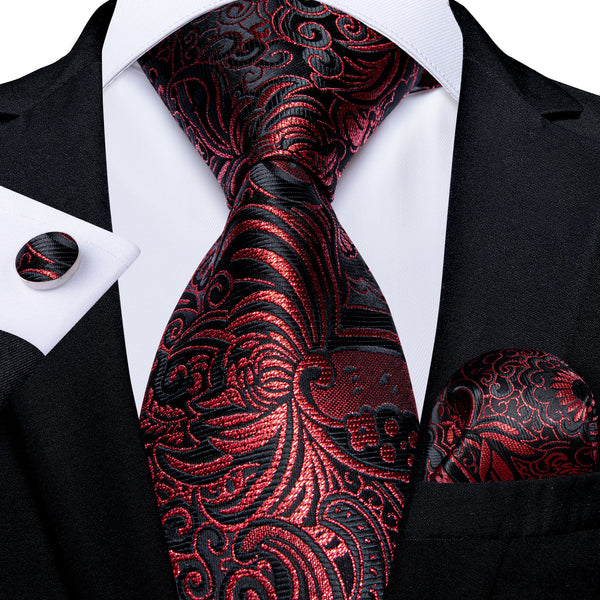 Black Red Paisley Men's Necktie Pocket Square Cufflinks Set