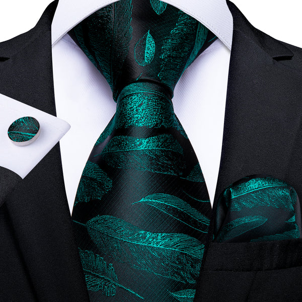 Black Green Feather Novelty Men's Necktie Pocket Square Cufflinks Set 8cm