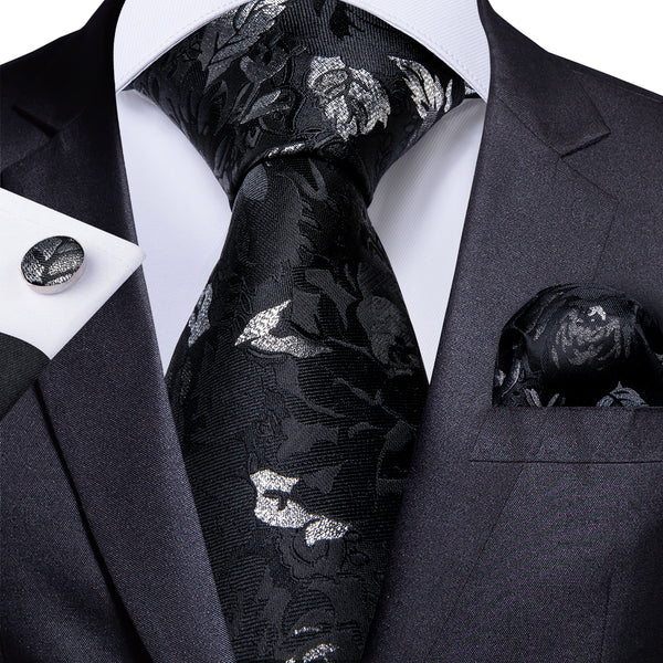 Black Silver White Floral Men's Necktie Pocket Square Cufflinks Set 8cm