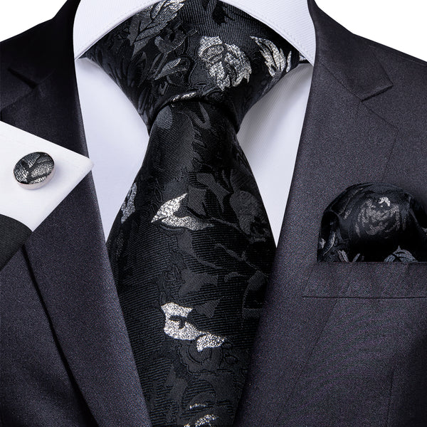 black dress shirt with silver tie Performance Stretch Wedding Suit Mens Slim Fit Dress Shirt Tie Set Black Shiny Plaid DNS07 Put on that slim fit suit the right way by wearing this fine shiny black plaid slim fit shirt and tie set by Daniel Ellissa Groom Black Tux Silver Tie