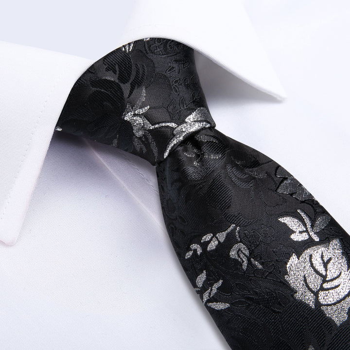 Black Silver White Floral Men's Necktie 