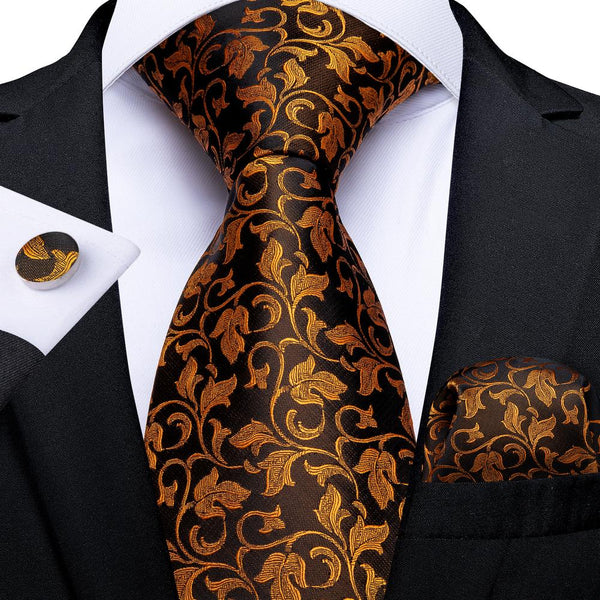 Brown Golden Floral Men's Necktie Pocket Square Cufflinks Set 8cm