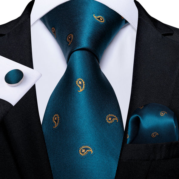 Sapphire Blue Paisley Men's Necktie Pocket Square Cufflinks Set 8cm