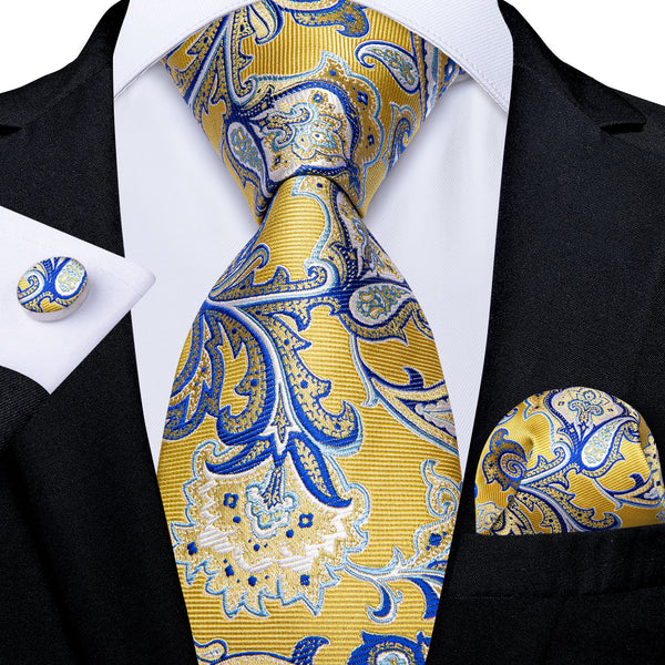 Yellow Blue Paisley Men's Necktie Pocket Square Cufflinks Set 8cm