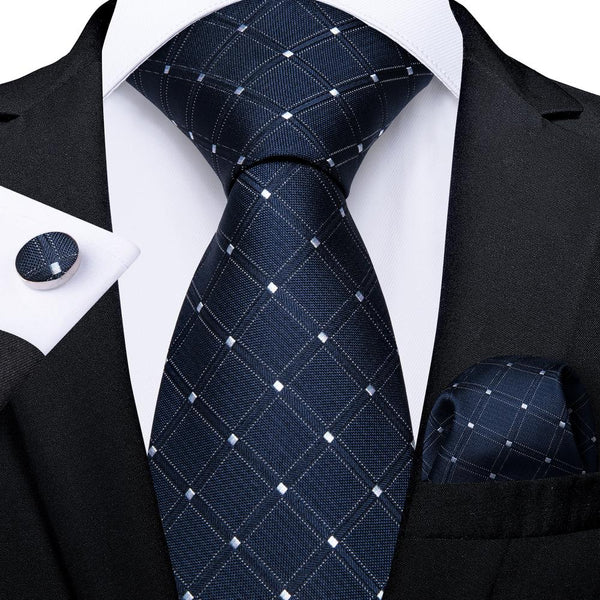 Navy Blue Plaid Men's Necktie Pocket Square Cufflinks Set 8cm