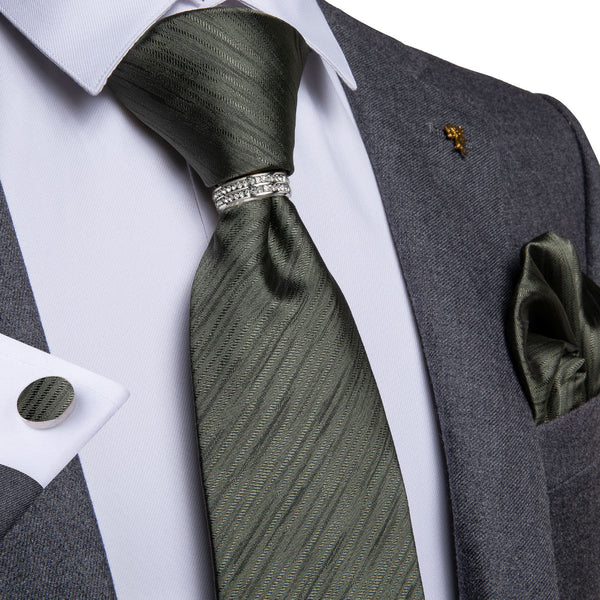 Dark Grey Striped Tie Ring Pocket Square Cufflinks Set