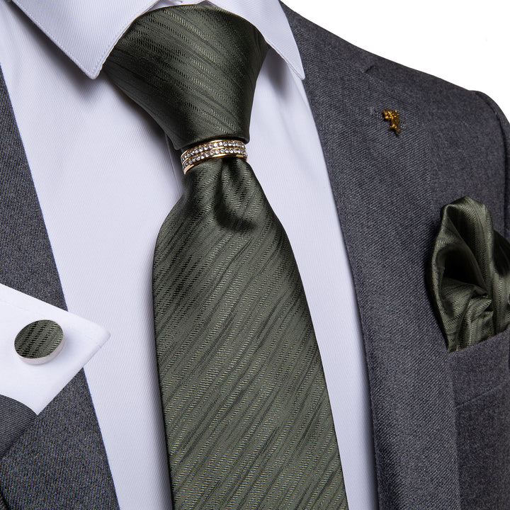 mens silk deep green striped tie handkerchief cufflinks set with tie ring for grey suit and white shirt