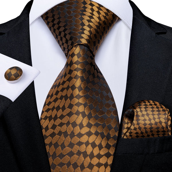 Brown Golden Novelty Men's Necktie Pocket Square Cufflinks Set 8cm
