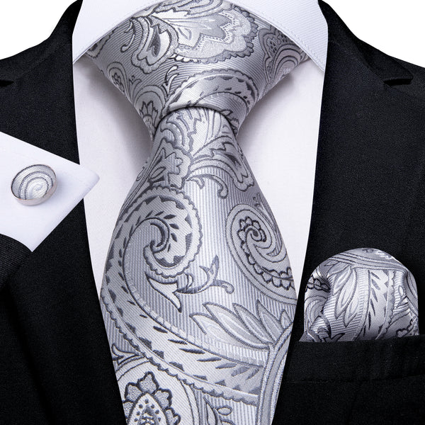 Silver Grey Paisley Men's Necktie Pocket Square Cufflinks Set 8cm