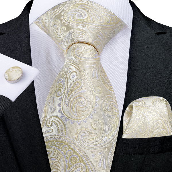 New Baby Yellow Silk Paisley Men's Necktie Pocket Square Cufflinks Set