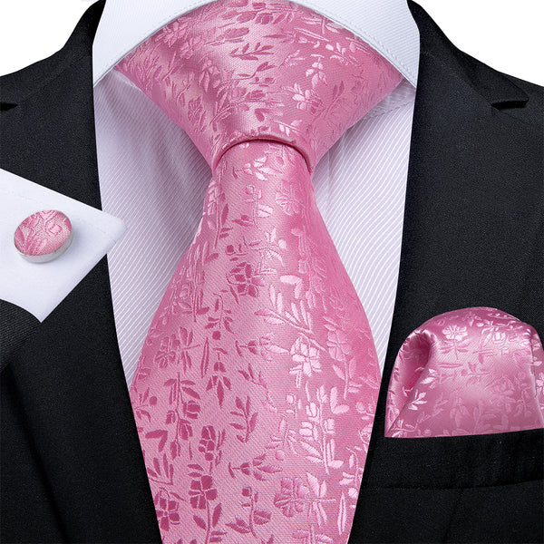 New Pink Floral Men's Necktie Pocket Square Cufflinks Set