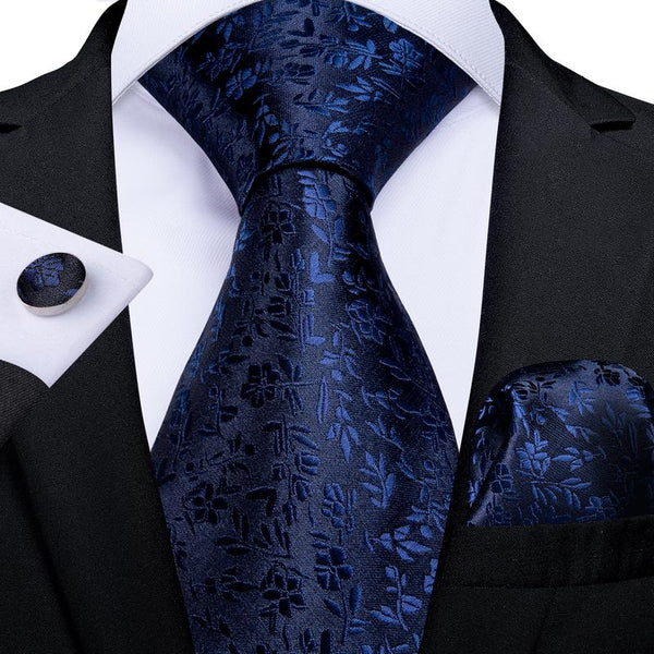 Navy Blue Floral Tie Pocket Square Cufflinks Set