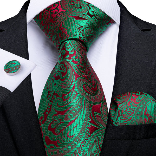 Ties2you Floral Tie Shiny Sage Green Red Paisley Tie Pocket Square Cufflinks Set
