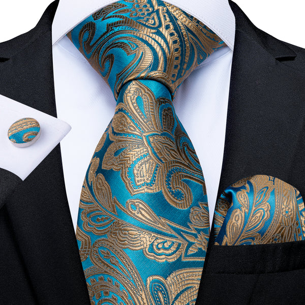 Silver Blue Paisley Men's Necktie Pocket Square Cufflinks Set