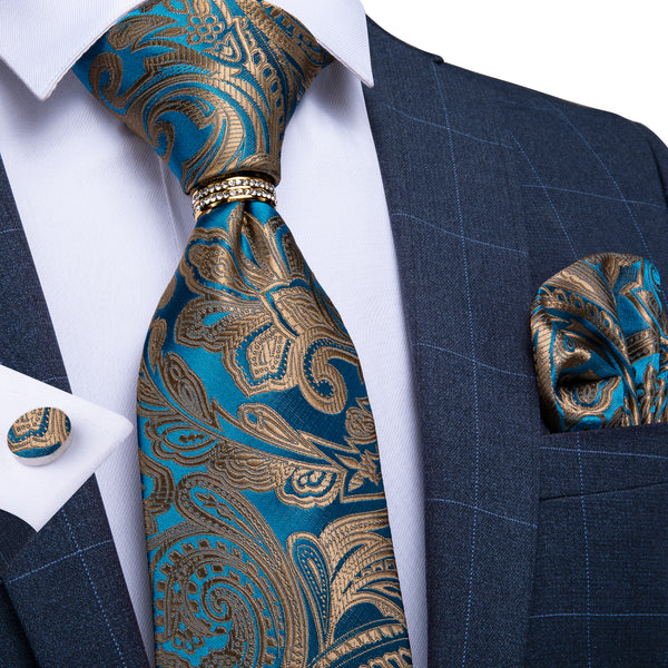 Fashionable Silver-Blue Paisley Tie Ring Pocket Square Cufflinks Set