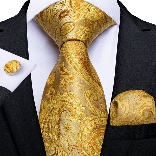 New Golden Shining Floral Men's Necktie Pocket Square Cufflinks Set