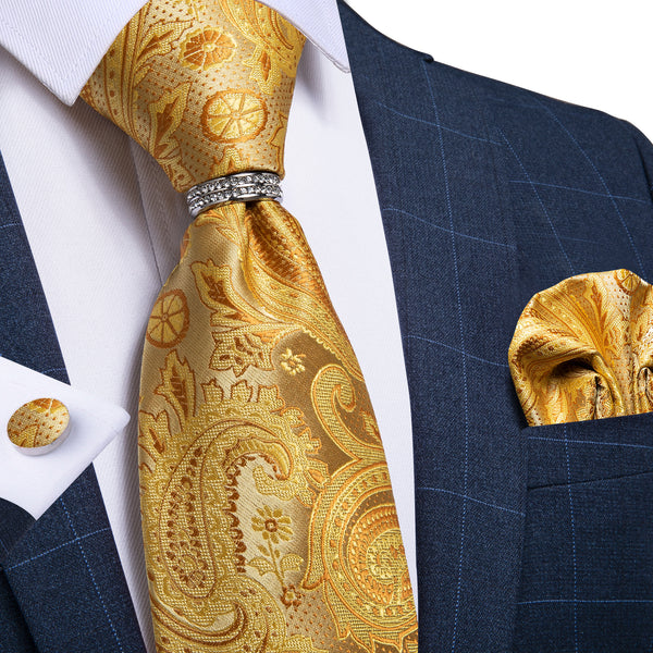 New Fashionable Golden Paisley Tie Ring Pocket Square Cufflinks Set