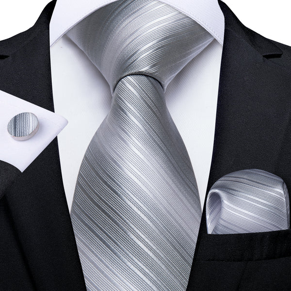 New Silver Grey Striped Men's Necktie Pocket Square Cufflinks Set