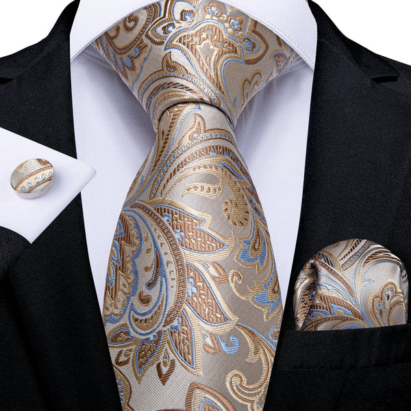 New Champagne Shining Floral Men's Necktie Pocket Square Cufflinks Set