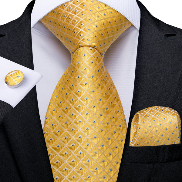 Yellow Geometric Plaid Men's Tie Handkerchief Cufflinks Set