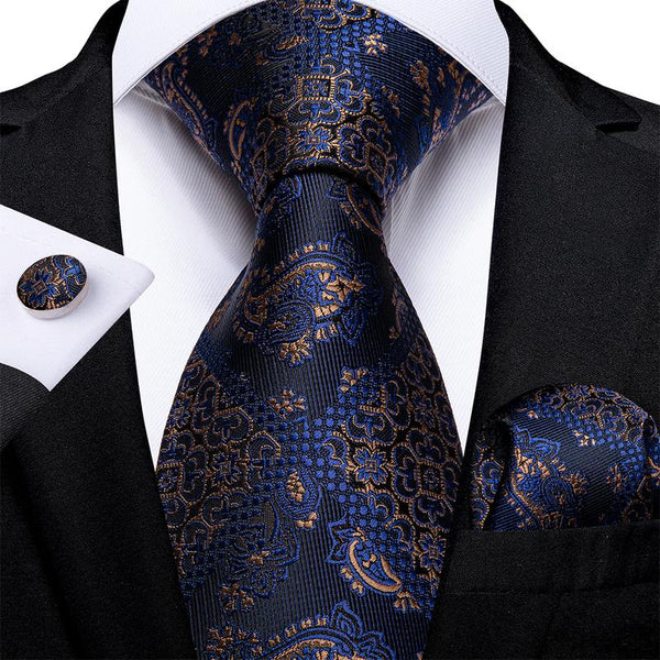 New Deep Blue Shining Floral Men's Necktie Pocket Square Cufflinks Set
