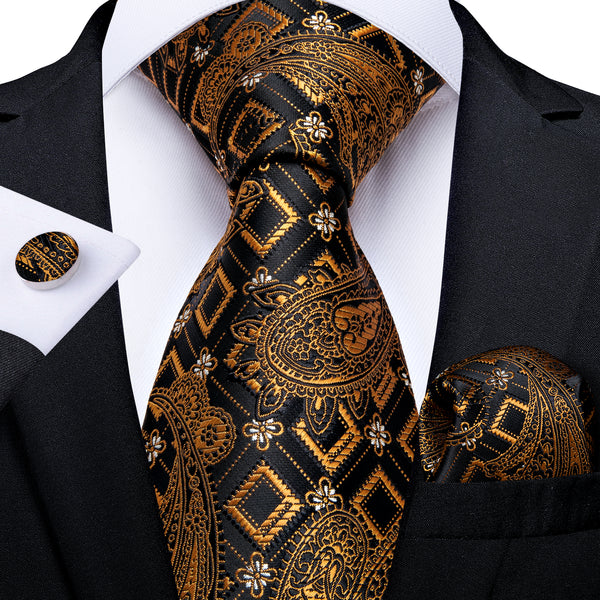 Black Golden Geometry Paisley Men's Tie Handkerchief Cufflinks Set