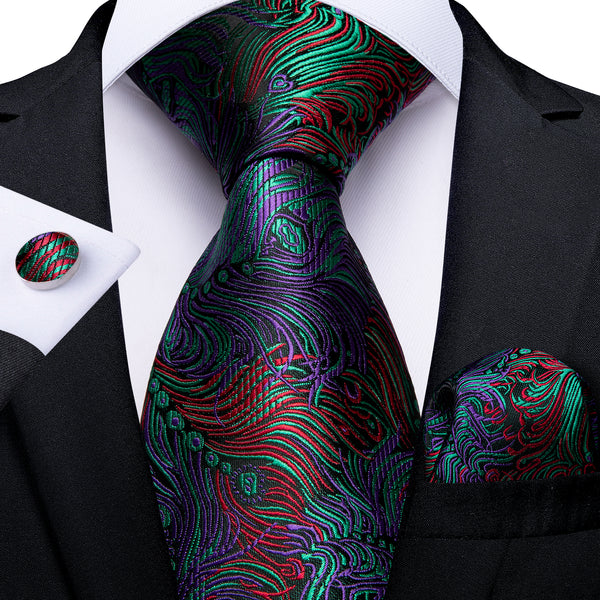 New Purple Green Red Floral Men's Tie Handkerchief Cufflinks Set