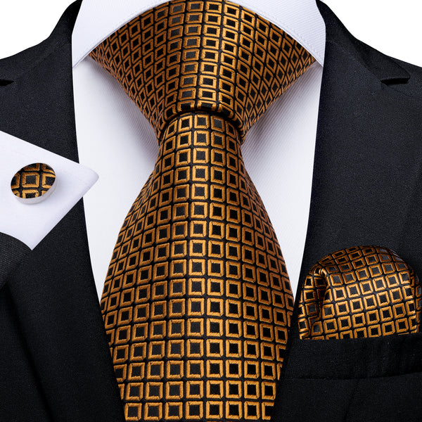 New Black Golden Plaid Men's Tie Handkerchief Cufflinks Set