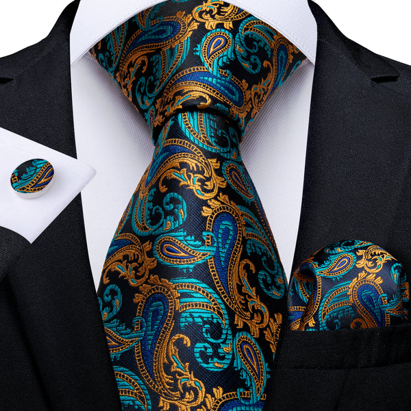 New Navy Blue Golden Paisley Men's Tie Handkerchief Cufflinks Set