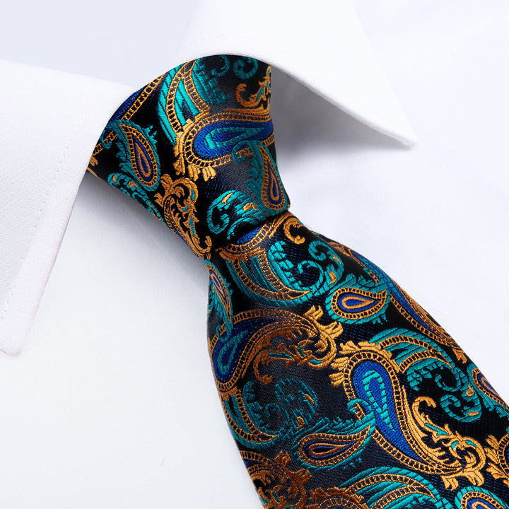 Blue Golden Paisley silk mens floral tie