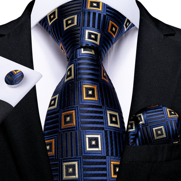 New Deep Blue Plaid Tie Pocket Square Cufflinks Set