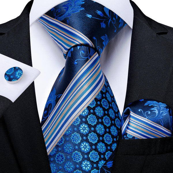 New Ocean Blue Floral Men's Tie Handkerchief Cufflinks Set