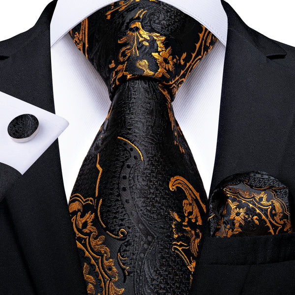New Black Golden Paisley Men's Tie Handkerchief Cufflinks Set Formal