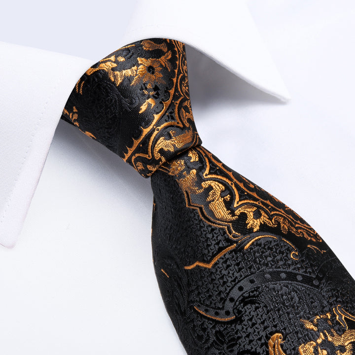 golden black silk mens floral tie