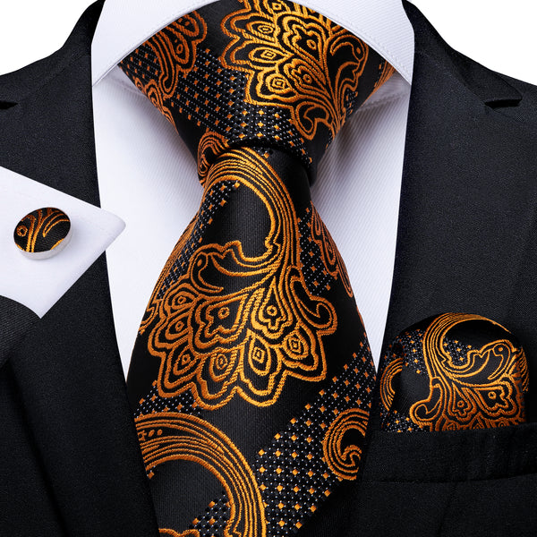 Black Golden Floral Men's Tie Handkerchief Cufflinks Set