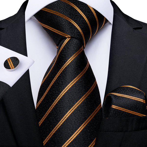 New Black Golden Two-Links Striped Paisley Men's Tie Handkerchief Cufflinks Set