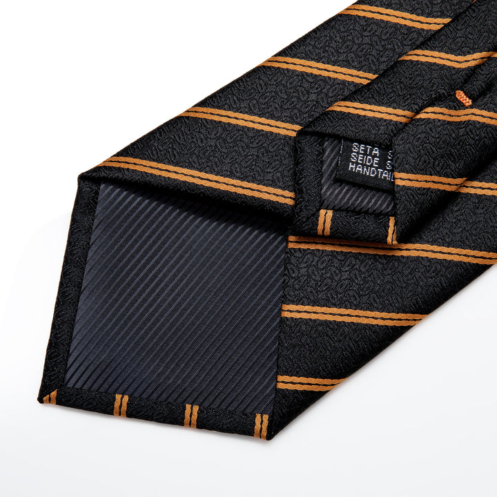 mens silk black gold striped tie pocket square cufflinks set