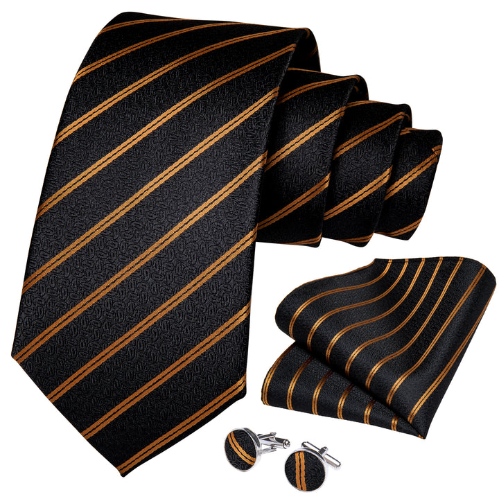 mens silk black gold striped tie pocket square cufflinks set