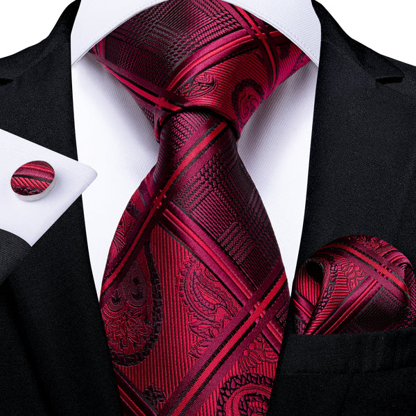 Dark Red Plaid Men's Necktie Pocket Square Cufflinks Set