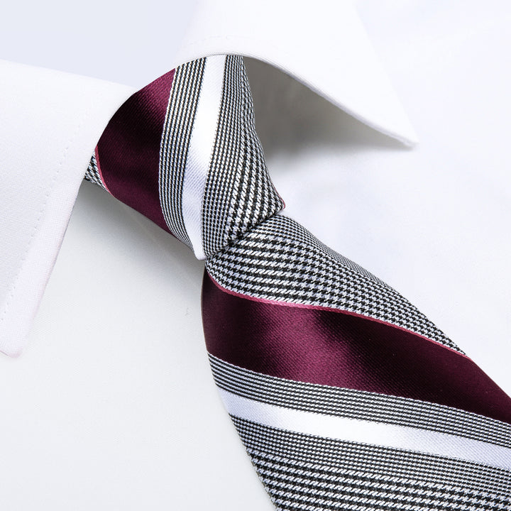 grey white striped silk burgundy tie tie for men and white shirt