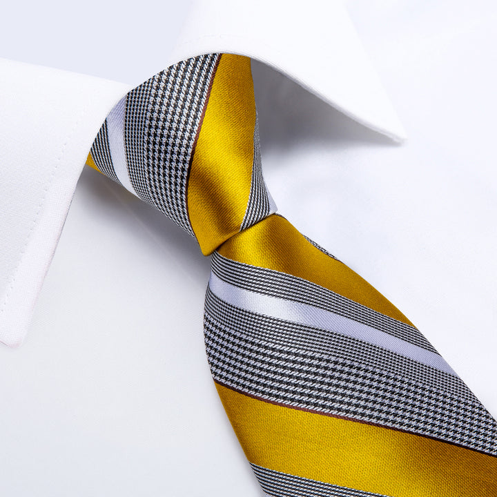 Grey Yellow White Striped Silk Necktie