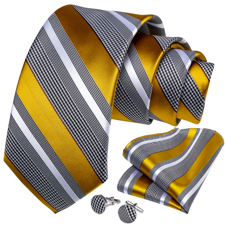 Grey Yellow White Striped Silk Neck  Ties