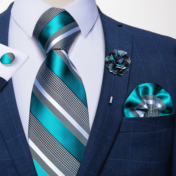 Grey Striped Men's Necktie Pocket Square Cufflinks Set with Lapel Pin