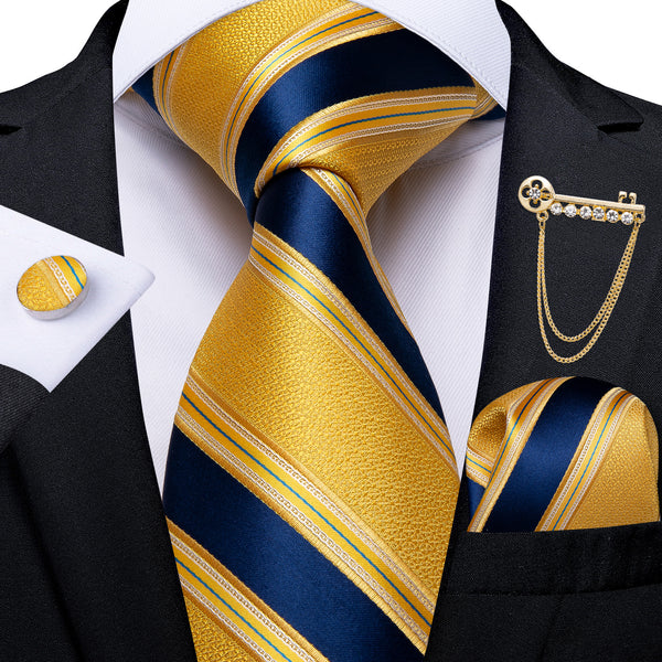 New Light Yellow Blue Striped Men's Necktie Pocket Square Cufflinks Set with Lapel Pin