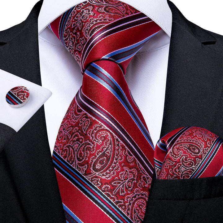 Red Pattern Striped Men's Necktie Pocket Square Cufflinks Set