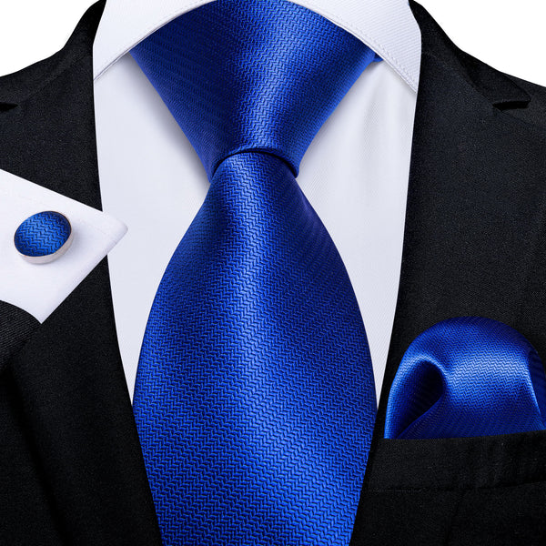 Shiny Blue Solid Necktie Pocket Square Cufflinks Set