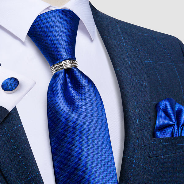 Blue Solid Tie Ring Pocket Square Cufflinks Set