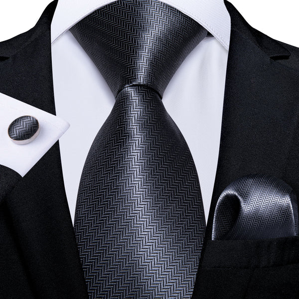 Gray Solid Necktie Pocket Square Cufflinks Set