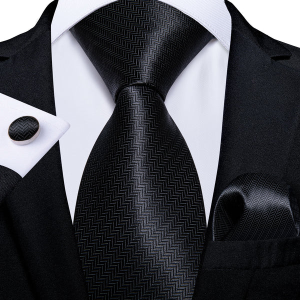 Black Solid Necktie Pocket Square Cufflinks Set